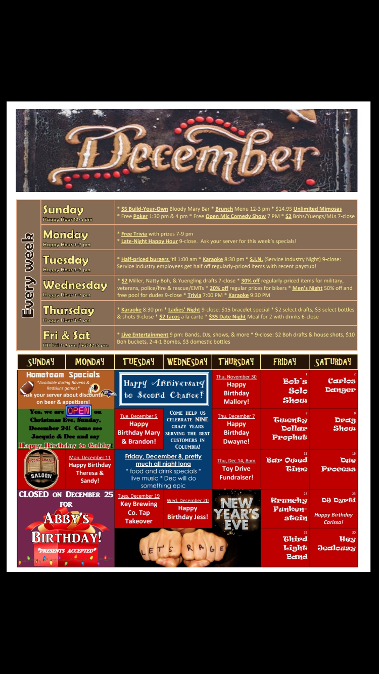 December Calendar of Events Second Chance Saloon Columbia MD